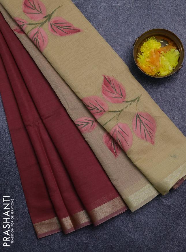 Linen cotton saree maroon and sandal with plain body and hand painted pallu