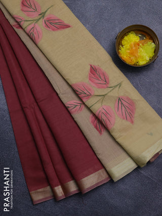 Linen cotton saree maroon and sandal with plain body and hand painted pallu