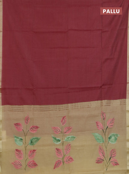 Linen cotton saree maroon and sandal with plain body and hand painted pallu