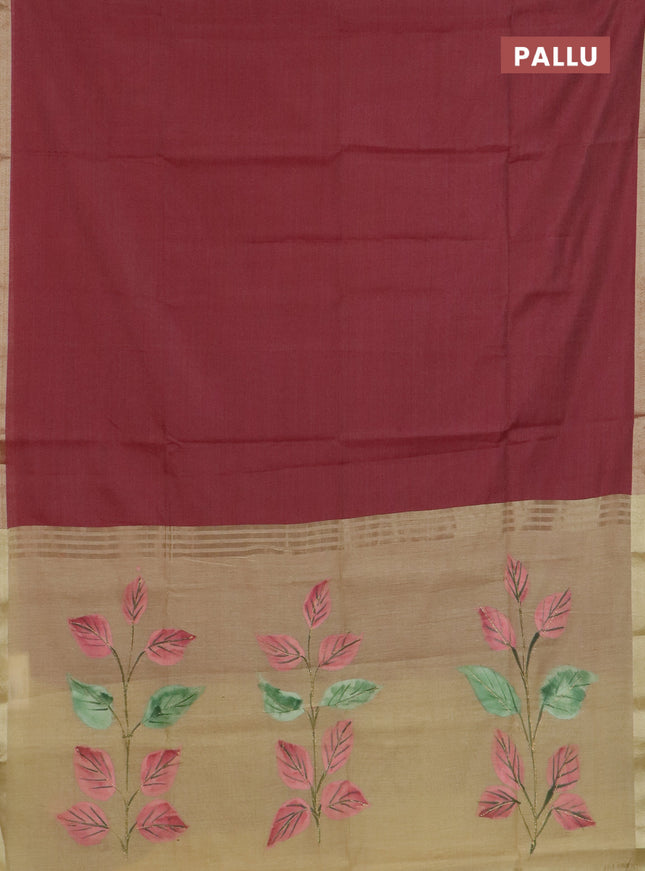 Linen cotton saree maroon and sandal with plain body and hand painted pallu