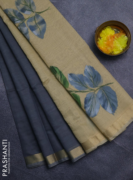 Linen cotton saree grey and sandal with plain body and hand painted pallu