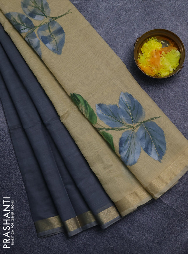Linen cotton saree grey and sandal with plain body and hand painted pallu