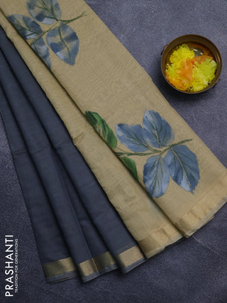 Linen cotton saree grey and sandal with plain body and hand painted pallu