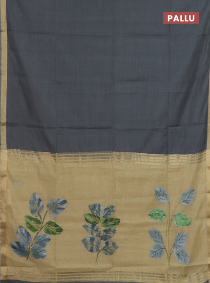 Linen cotton saree grey and sandal with plain body and hand painted pallu