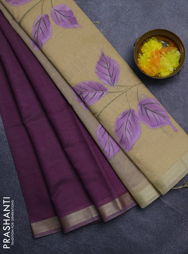 Linen cotton saree purple and sandal with plain body and hand painted pallu