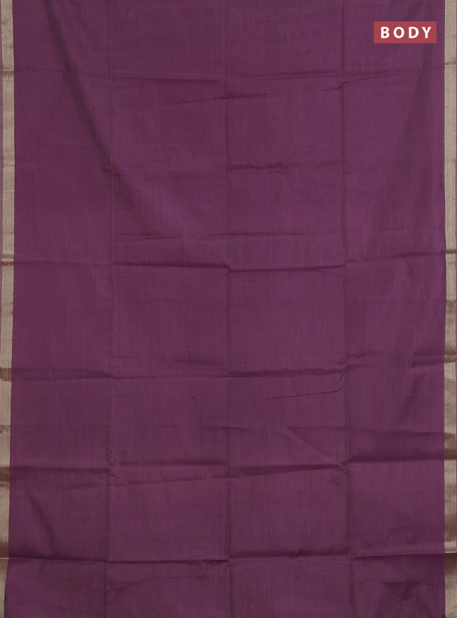 Linen cotton saree purple and sandal with plain body and hand painted pallu