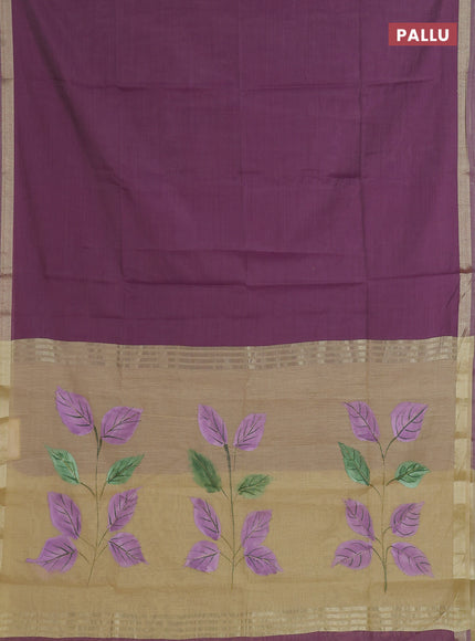 Linen cotton saree purple and sandal with plain body and hand painted pallu