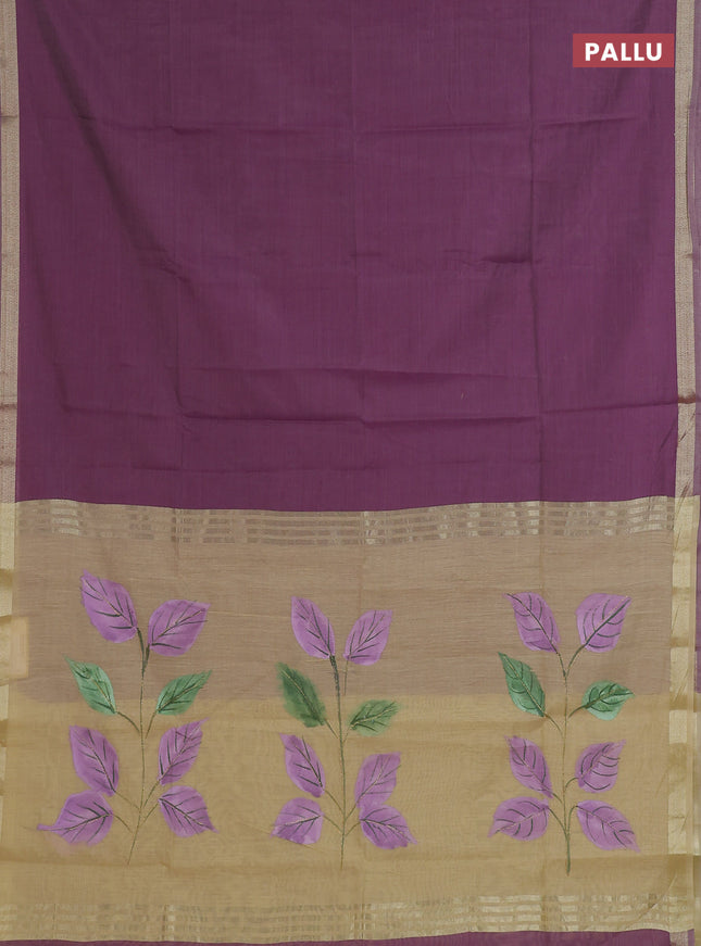 Linen cotton saree purple and sandal with plain body and hand painted pallu