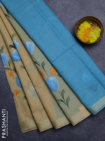 Linen cotton saree sandal and teal blue with floral hand paint prints and zari woven border