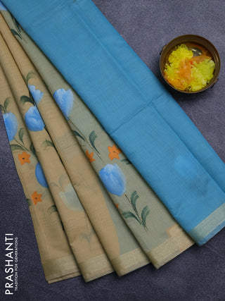 Linen cotton saree sandal and teal blue with floral hand paint prints and zari woven border