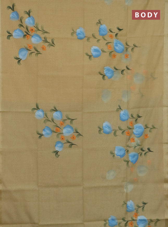 Linen cotton saree sandal and teal blue with floral hand paint prints and zari woven border