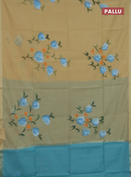 Linen cotton saree sandal and teal blue with floral hand paint prints and zari woven border