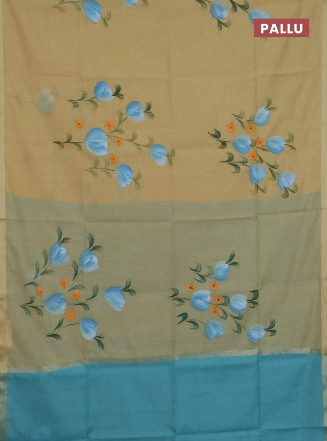 Linen cotton saree sandal and teal blue with floral hand paint prints and zari woven border
