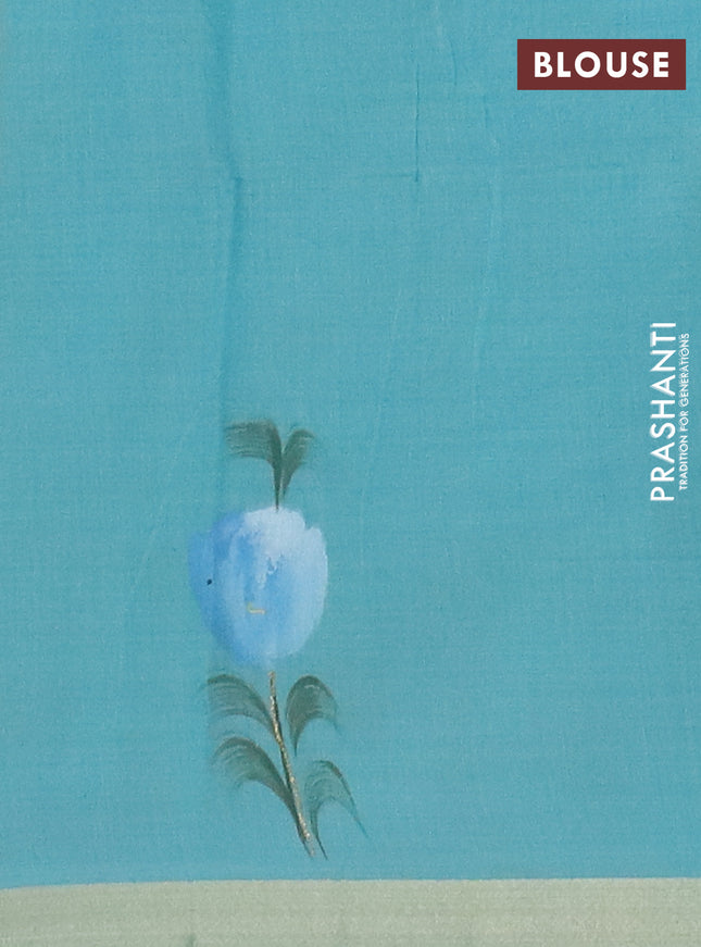 Linen cotton saree sandal and teal blue with floral hand paint prints and zari woven border