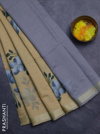Linen cotton saree sandal and grey with floral hand paint prints and zari woven border