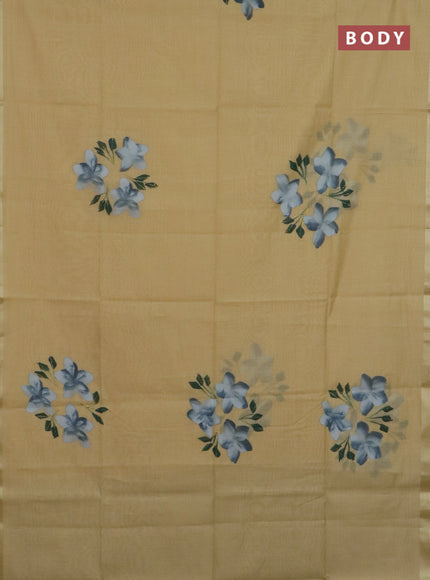Linen cotton saree sandal and grey with floral hand paint prints and zari woven border