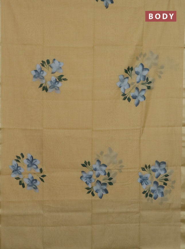 Linen cotton saree sandal and grey with floral hand paint prints and zari woven border