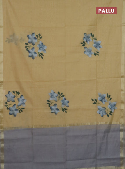 Linen cotton saree sandal and grey with floral hand paint prints and zari woven border