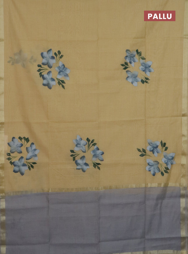 Linen cotton saree sandal and grey with floral hand paint prints and zari woven border