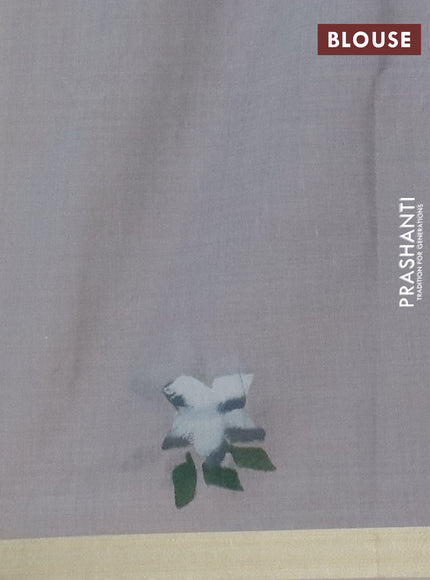 Linen cotton saree sandal and grey with floral hand paint prints and zari woven border