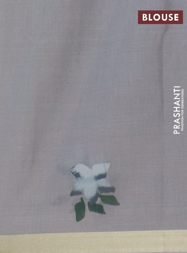 Linen cotton saree sandal and grey with floral hand paint prints and zari woven border