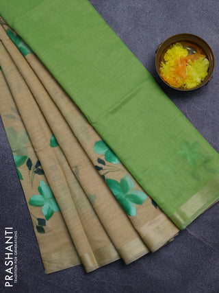 Linen cotton saree sandal and light green with floral hand paint prints and zari woven border