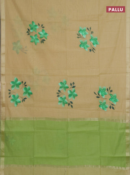 Linen cotton saree sandal and light green with floral hand paint prints and zari woven border