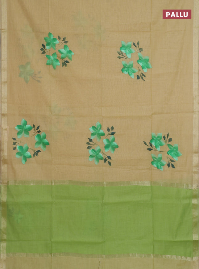 Linen cotton saree sandal and light green with floral hand paint prints and zari woven border