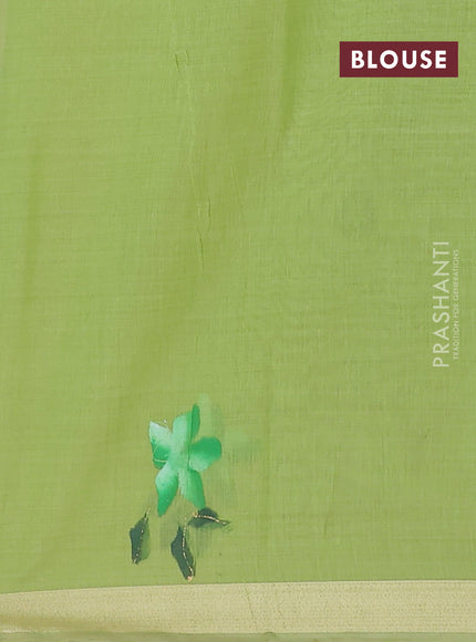 Linen cotton saree sandal and light green with floral hand paint prints and zari woven border