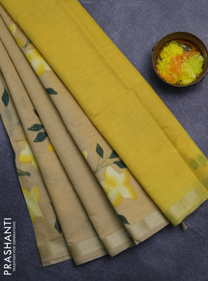 Linen cotton saree sandal and yellow with floral hand paint prints and zari woven border
