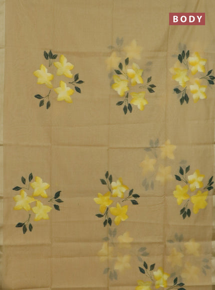 Linen cotton saree sandal and yellow with floral hand paint prints and zari woven border