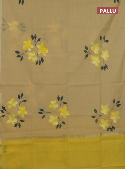 Linen cotton saree sandal and yellow with floral hand paint prints and zari woven border