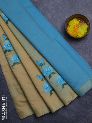 Linen cotton saree sandal and teal blue with floral hand paint prints and zari woven border