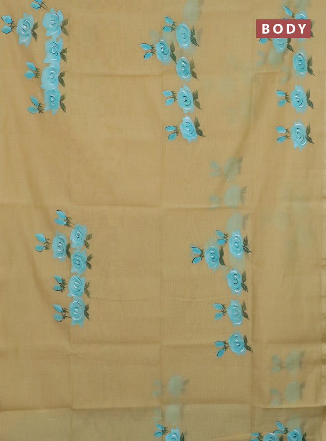 Linen cotton saree sandal and teal blue with floral hand paint prints and zari woven border