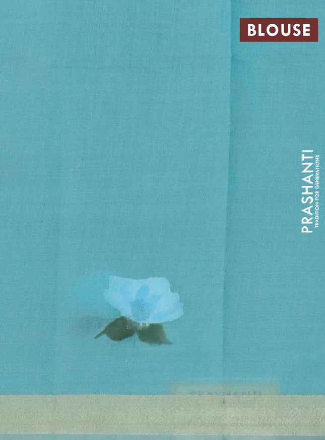 Linen cotton saree sandal and teal blue with floral hand paint prints and zari woven border
