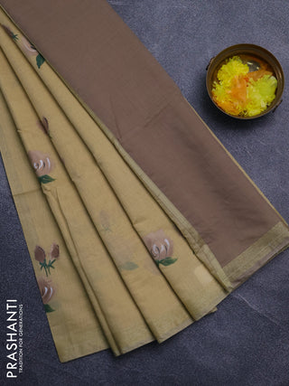 Linen cotton saree sandal and dark beige with floral hand paint prints and zari woven border