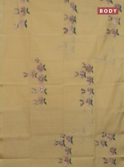 Linen cotton saree sandal and dark beige with floral hand paint prints and zari woven border