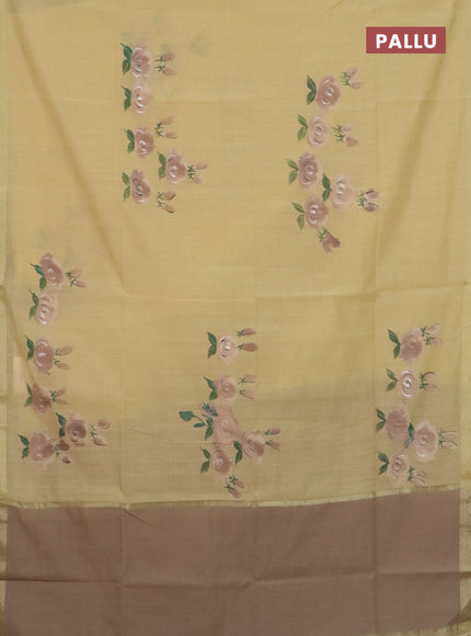 Linen cotton saree sandal and dark beige with floral hand paint prints and zari woven border