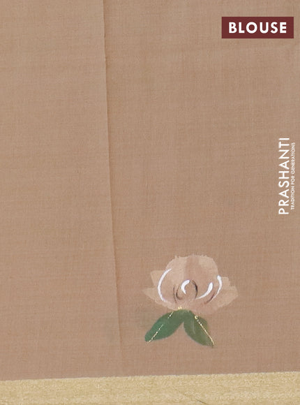Linen cotton saree sandal and dark beige with floral hand paint prints and zari woven border