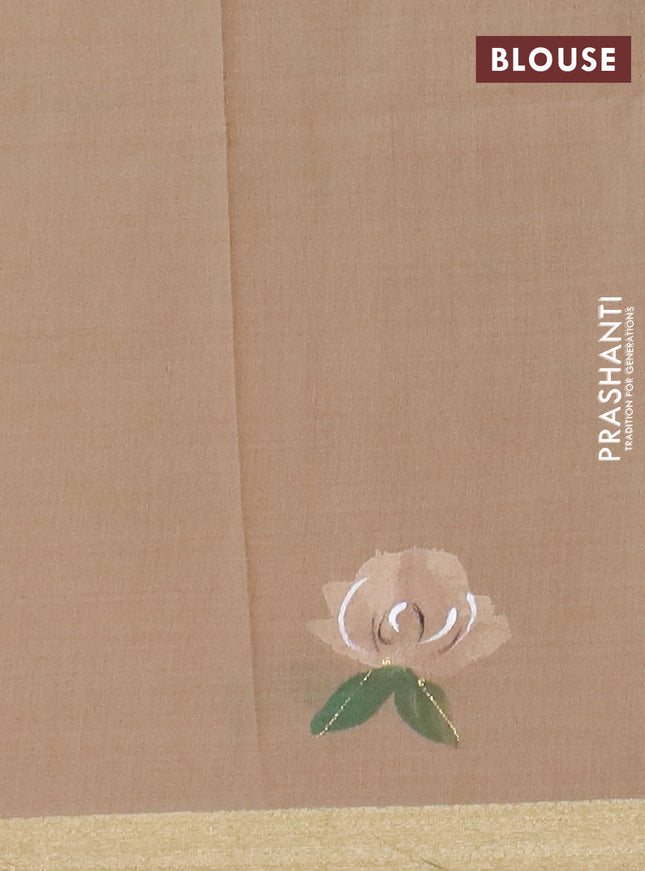 Linen cotton saree sandal and dark beige with floral hand paint prints and zari woven border