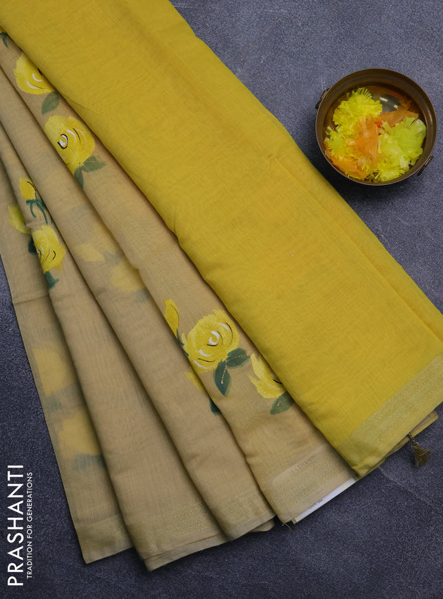 Linen cotton saree sandal and yellow with floral hand paint prints and zari woven border
