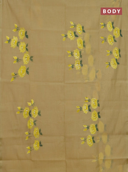 Linen cotton saree sandal and yellow with floral hand paint prints and zari woven border