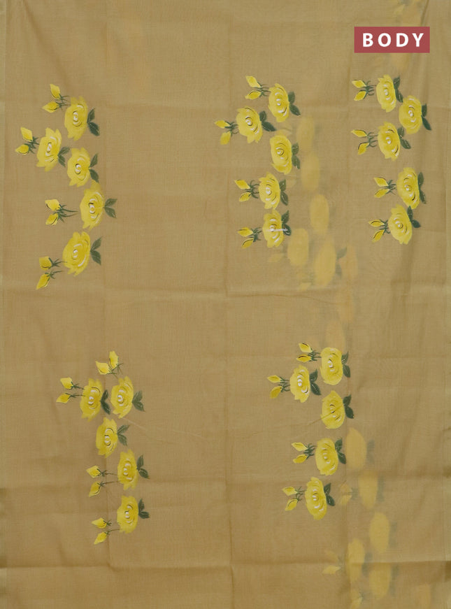 Linen cotton saree sandal and yellow with floral hand paint prints and zari woven border