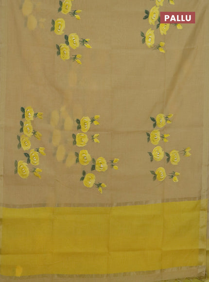 Linen cotton saree sandal and yellow with floral hand paint prints and zari woven border