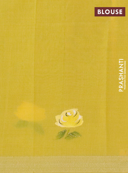 Linen cotton saree sandal and yellow with floral hand paint prints and zari woven border