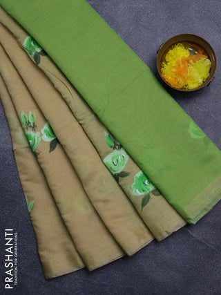 Linen cotton saree sandal and light green with floral hand paint prints and zari woven border