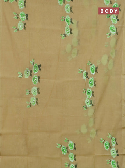 Linen cotton saree sandal and light green with floral hand paint prints and zari woven border
