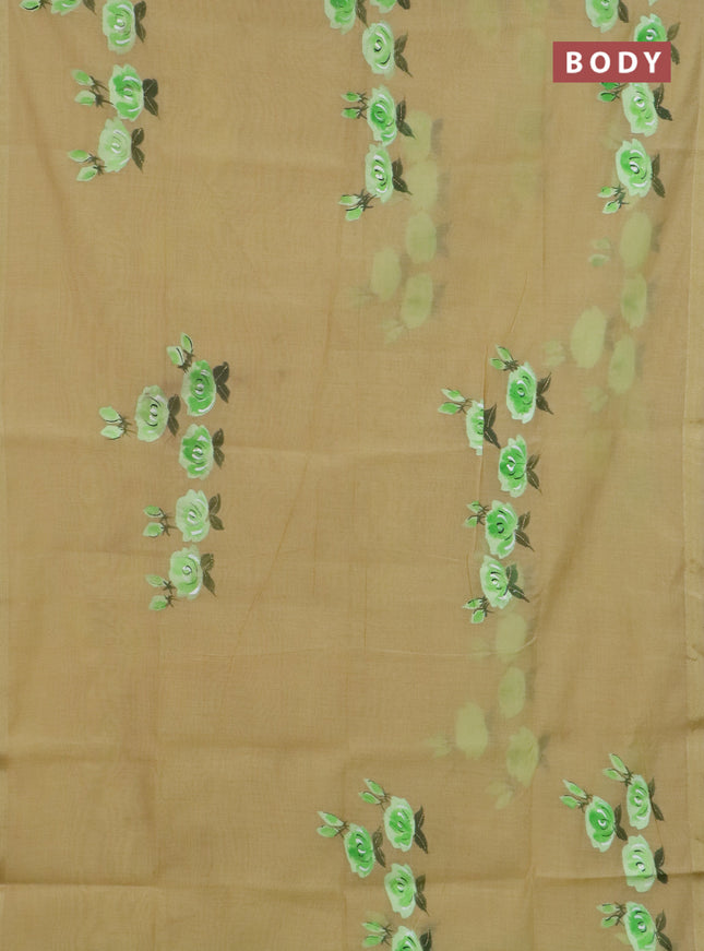 Linen cotton saree sandal and light green with floral hand paint prints and zari woven border