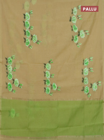 Linen cotton saree sandal and light green with floral hand paint prints and zari woven border
