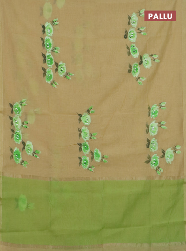 Linen cotton saree sandal and light green with floral hand paint prints and zari woven border